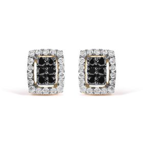 Men's 10K Yellow Gold 1.00 Cttw White and Black Diamond Emerald Shape Halo Stud Earring (Black / I-J Color, I2-I3 Clarity)