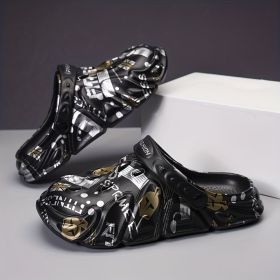 Men's Graffiti Print Lightweight Comfy Clogs; Hollow Out Non-Slip Garden Shoes; Summer (Color: Grey, size: 7.5-8)
