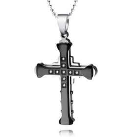 Fashionable Men Jesus Cross Zircon Necklace Gold Plated Cross Pendant Hip Hop Necklaces for Men Jewelry Party Anniversary Gift (Metal Color: black)