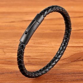 XQNI New Classic Style Men Leather Bracelet Simple Black Stainless Steel Button Neutral Accessories Hand-woven Jewelry Gifts (Metal Color: Deep Yellow, Length: 19cm)