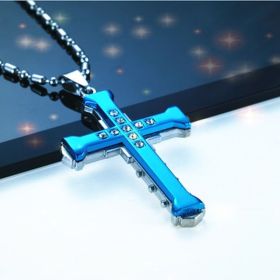 Fashion Men's Cross Chain Necklace Personalized Cross Jewelry Religious Pendant Necklace for Men Birthday Anniversary Gift (Metal Color: NW365-blue)