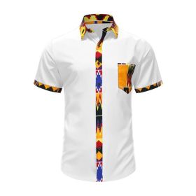 Men's African Short Sleeve Dashiki Shirt Patchwork Button up T Shirt (Color: White, size: XXL)