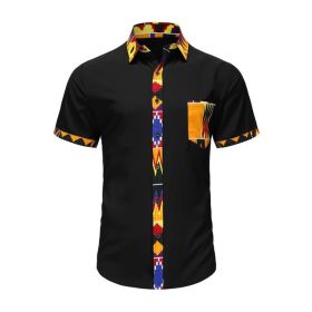 Men's African Short Sleeve Dashiki Shirt Patchwork Button up T Shirt (Color: Black, size: XXL)