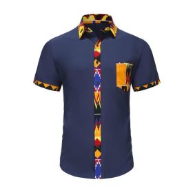 Men's African Short Sleeve Dashiki Shirt Patchwork Button up T Shirt (Color: Blue, size: L)