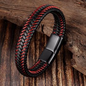 Leather Cord Bracelet Stainless Steel Woven Men's Cowhide Jewelry (Please Input: 22CM, Color: Black button)