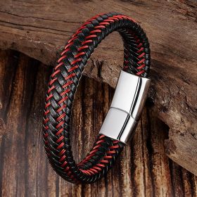 Leather Cord Bracelet Stainless Steel Woven Men's Cowhide Jewelry (Please Input: 20.5CM, Color: White button)