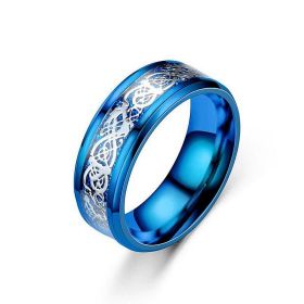 Dragon Pattern Rings Men Stainless Steel Ring Jewelry (Color: Blue silver, size: Size8)
