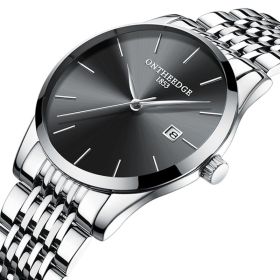 Slim Men's Stainless Steel Band Quartz Watch Calendar (Color: Silver border on black)