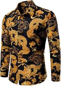 Men's Print Shirts 3D Pattern Dragon Slim Fit Button-Down Fashion Dress Long Sleeve Top Polo Shirt (Color: Yellow, size: L)