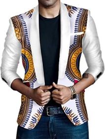 Men's African Indian Dashiki Suit Print Floral Dress Suits Shawl Collar One Button Party Blazer Jacket Tops (Color: White, size: XXL)