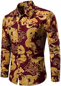Men's Print Shirts 3D Pattern Dragon Slim Fit Button-Down Fashion Dress Long Sleeve Top Polo Shirt (Color: Red, size: M)