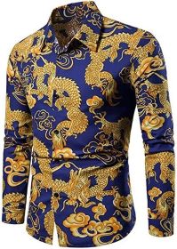 Men's Print Shirts 3D Pattern Dragon Slim Fit Button-Down Fashion Dress Long Sleeve Top Polo Shirt (Color: Blue, size: L)