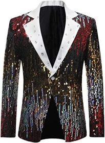 Men's Sequin Suits Tuxedo Jacket Party Show Punk Prom Stage Blazer Premium Dress Coat (Color: Black, size: XL)