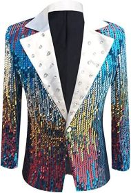 Men's Sequin Suits Tuxedo Jacket Party Show Punk Prom Stage Blazer Premium Dress Coat (Color: Blue, size: S)