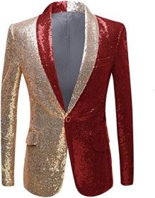 Men's Sequin Suit Jackets Stylish Two Color Conversion Shiny Sequins Dress Coats Dinner Party Wedding Blazer (Color: Red, size: L)