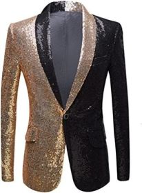 Men's Sequin Suit Jackets Stylish Two Color Conversion Shiny Sequins Dress Coats Dinner Party Wedding Blazer (Color: Black, size: S)
