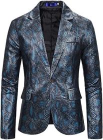 Men's Printed Suit Jackets Stylish Snakeskin Print Dress Coats Shawl Lapel Tuxedo Blazers for Wedding Party Prom (Color: Blue, size: L)