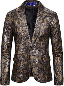 Men's Printed Suit Jackets Stylish Snakeskin Print Dress Coats Shawl Lapel Tuxedo Blazers for Wedding Party Prom (Color: Yellow, size: XL)