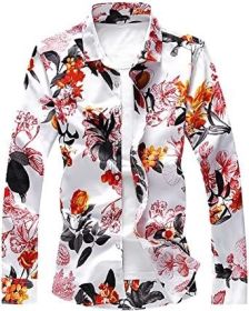 Men's Casual Floral Shirts Fashion Slim Fit T-Shirts Long Sleeve Lapel Button Down Shirts (Color: 11-XL)