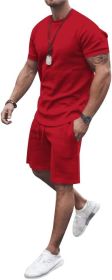 Men's 2 Piece Short Sets Outfits Round Collar Suit Solid Color Casual Track Suits (Color: RED-XL)