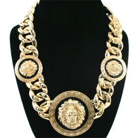 Women's Basketball Wives Style Gold Lion Heads Necklace Hip Hop Statement Chunky Chain (Color: Golden)