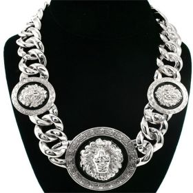 Women's Basketball Wives Style Gold Lion Heads Necklace Hip Hop Statement Chunky Chain (Color: Silver)