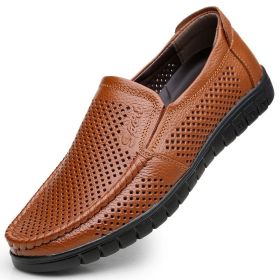 Men Hollow Out Breathable Leather Shoes Casual Loafers Genuine Leather Soft Slip-on Walking Footwear Men Comfortable Sneakers (Color: Khaki, size: 43)
