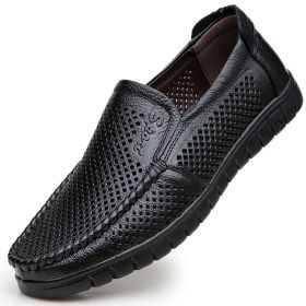 Men Hollow Out Breathable Leather Shoes Casual Loafers Genuine Leather Soft Slip-on Walking Footwear Men Comfortable Sneakers (Color: Black, size: 41)