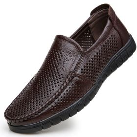 Men Hollow Out Breathable Leather Shoes Casual Loafers Genuine Leather Soft Slip-on Walking Footwear Men Comfortable Sneakers (Color: Brown, size: 39)