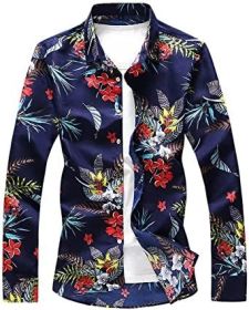 Men's Casual Floral Shirts Fashion Slim Fit T-Shirts Long Sleeve Lapel Button Down Shirts (Color: 04-3XL)