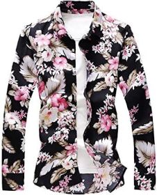 Men's Casual Floral Shirts Fashion Slim Fit T-Shirts Long Sleeve Lapel Button Down Shirts (Color: 09-XL)
