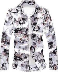 Men's Casual Floral Shirts Fashion Slim Fit T-Shirts Long Sleeve Lapel Button Down Shirts (Color: 02-XL)
