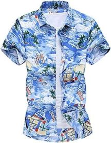Men's Fashion Print Shirts Casual Lapel Short Sleeve T-Shirts Cotton Button-Up Shirts (Color: C5-XXL)