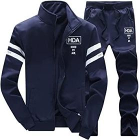 Men's Casual Slim Fit Tracksuit Long Sleeve Stand Collar Athletic Jacket Jogging Pangts Suits Set (Color: BLUE-M)
