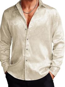 Men's Silk Satin Dress Shirts Jacquard Long Sleeve Floral Shirt (Color: Beige, size: S)