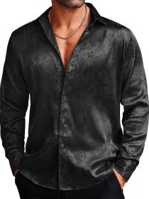 Men's Silk Satin Dress Shirts Jacquard Long Sleeve Floral Shirt (Color: Black, size: M)