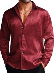 Men's Silk Satin Dress Shirts Jacquard Long Sleeve Floral Shirt (Color: Red, size: M)