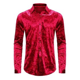 Mens Dress Shirts Velvet Long Sleeve Shirts (Color: Dark Red, size: M)