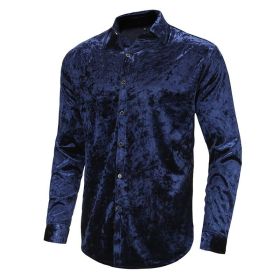 Mens Dress Shirts Velvet Long Sleeve Shirts (Color: Blue, size: L)
