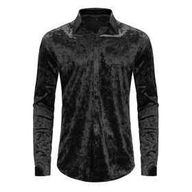 Mens Dress Shirts Velvet Long Sleeve Shirts (Color: Black, size: 2XL)