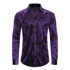 Mens Dress Shirts Velvet Long Sleeve Shirts (Color: Purple, size: M)