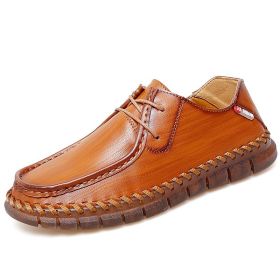 New men's large casual loafers Breathable casual leather non-slip soft sole Dad leather fashion trend men's shoes (Color: Brown, size: 38)