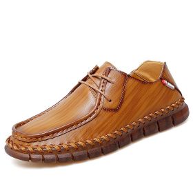 New men's large casual loafers Breathable casual leather non-slip soft sole Dad leather fashion trend men's shoes (Color: Khaki, size: 41)