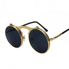 Fashion Vintage Steampunk Sunglasses Retro Round Metal Sun Glasses for Men and Womes (Lenses Color: GoldBlackGrey, Frame Color: Black)