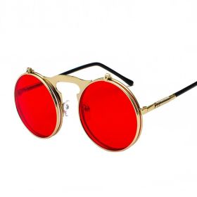 Fashion Vintage Steampunk Sunglasses Retro Round Metal Sun Glasses for Men and Womes (Lenses Color: GoldRed, Frame Color: Black)