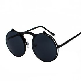 Fashion Vintage Steampunk Sunglasses Retro Round Metal Sun Glasses for Men and Womes (Lenses Color: BlackGrey, Frame Color: Black)