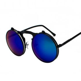Fashion Vintage Steampunk Sunglasses Retro Round Metal Sun Glasses for Men and Womes (Lenses Color: BlackBlueGreen, Frame Color: Black)
