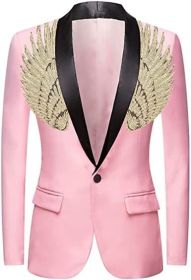 Men's Suit Jackets Colorful Sequin Wing Dress Coats Party Floral Suit Jacket Notched Lapel Slim Fit Tuxedo Blazers (Color: pink1, size: XXL)