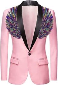 Men's Suit Jackets Colorful Sequin Wing Dress Coats Party Floral Suit Jacket Notched Lapel Slim Fit Tuxedo Blazers (Color: pink2, size: M)