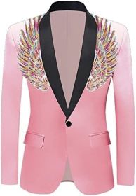 Men's Suit Jackets Colorful Sequin Wing Dress Coats Party Floral Suit Jacket Notched Lapel Slim Fit Tuxedo Blazers (Color: pink5, size: M)